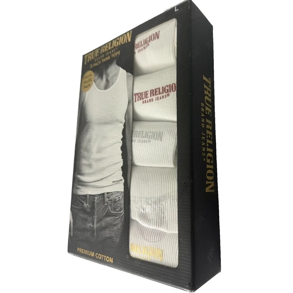 True Religion Men's Tank Tops 5 pack White Size L 42-44 Ribbed with Logo New